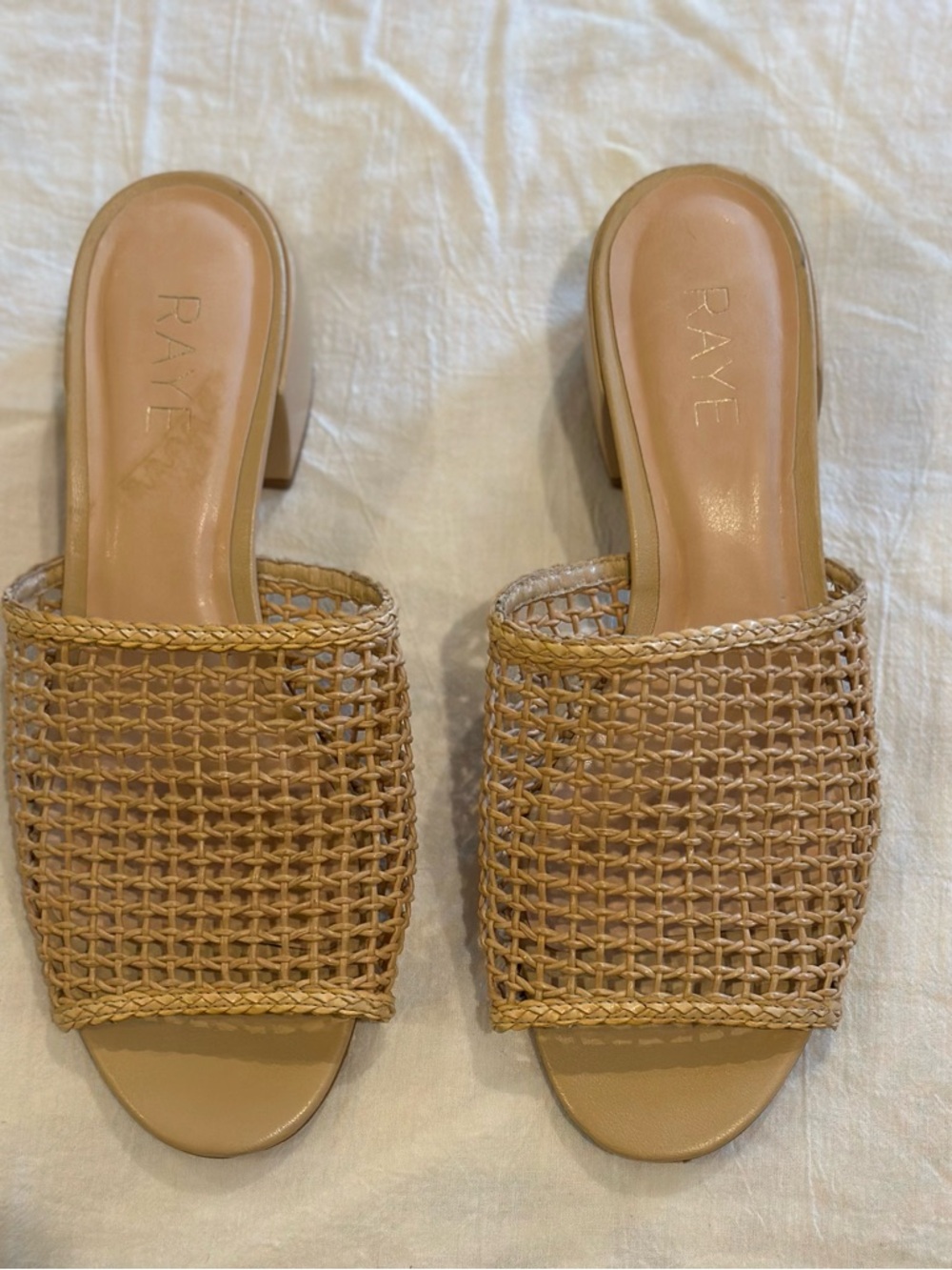 RAYE Beige Woven Open-Toe Block Heel Mules